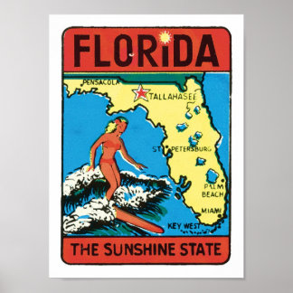 Florida FL USA Der Sunshine Staat Vintag Surfer Poster