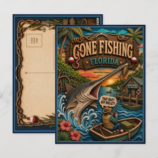 Florida Gone Fishing Langnasenhecht Postkarte (Vorne/Hinten)