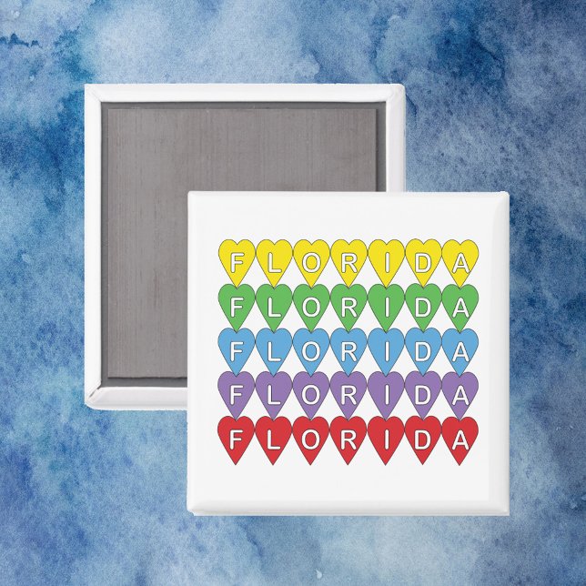 Florida-Herz-Regenbogen-Muster Magnet (A magnet that says Florida with yellow, green, blue, purple and red hearts.)