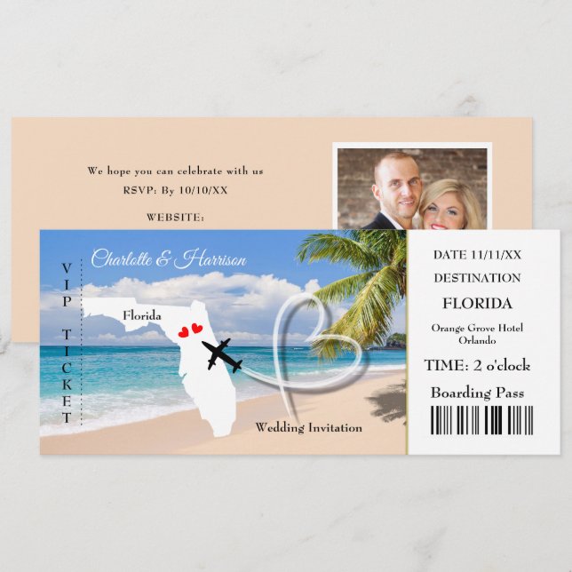 Florida Hochzeit in Urlaubsort Ticket Boarding Pas Einladung (Vorne/Hinten)