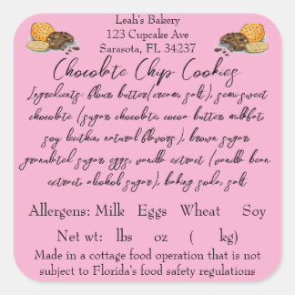 FLORIDA Hütte Food Law Label Zuhause baker 3 Zoll Quadratischer Aufkleber