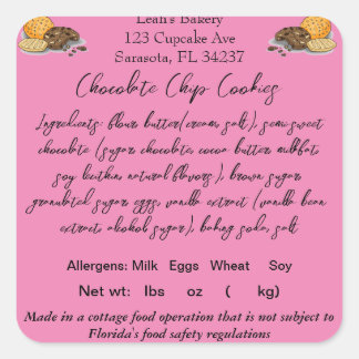 FLORIDA Hütte Food Law Sticker/Label-Zuhause-Bäcke Quadratischer Aufkleber