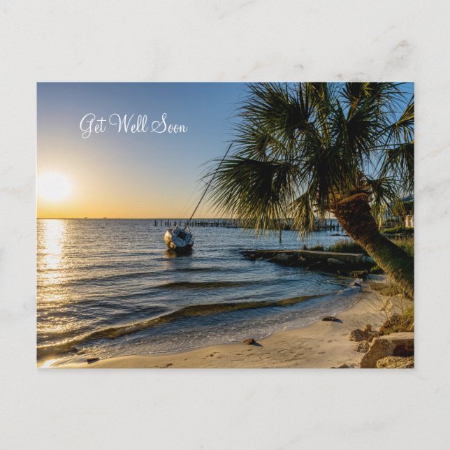 Florida Leaning Palm Tree Sunset Get Well Postcard Postkarte (Vorderseite)