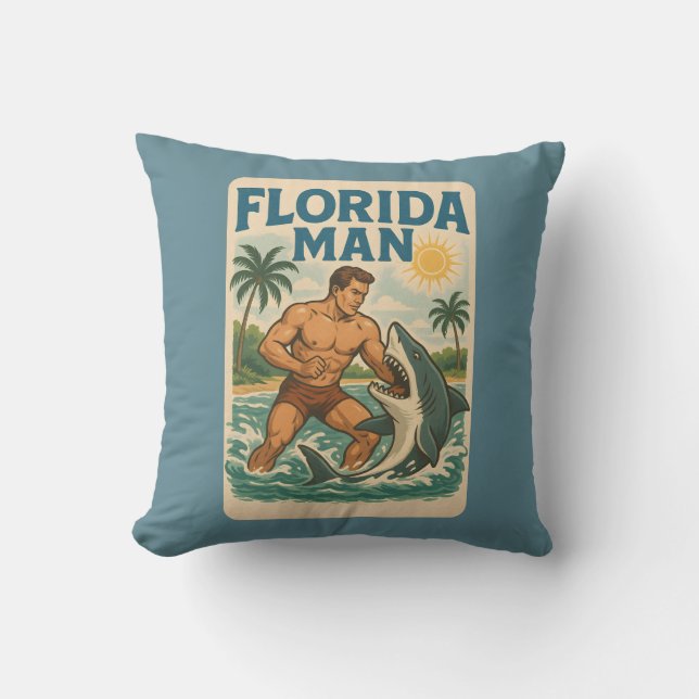 Florida Man Coastal Shark Wrestler - Retro Beach Kissen (Vorderseite)