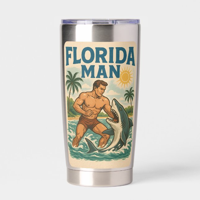 Florida Man Coastal Shark Wrestler - Retro Beach Thermobecher (Vorderseite)