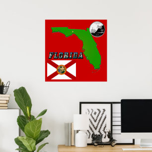 Florida Map, Bildtext und Staat Imitate Quarter Poster