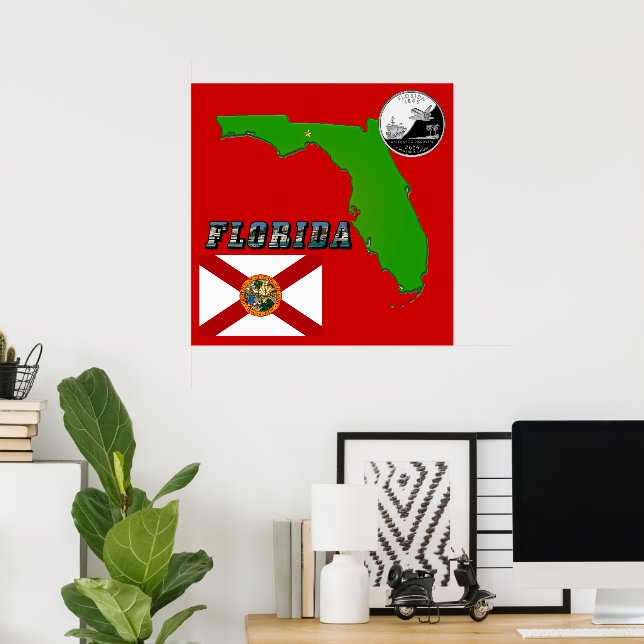 Florida Map, Bildtext und Staat Imitate Quarter Poster (Heimbüro)