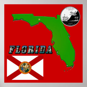 Florida Map, Bildtext und Staat Imitate Quarter Poster