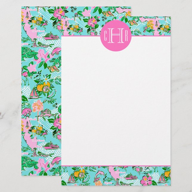 Florida Map Preppy Palm Beach Pattern Mit Monogram Briefpapier (Vorne/Hinten)