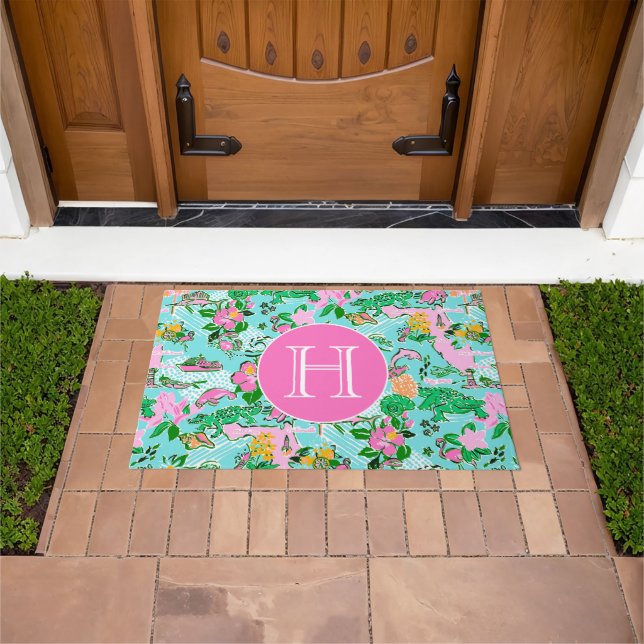 Florida Map Preppy Palm Beach Pattern Mit Monogram Fußmatte (Außenbereich)