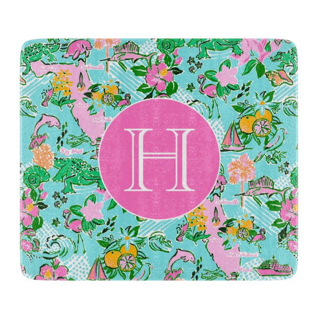 Florida Map Preppy Palm Beach Pattern Mit Monogram Schneidebrett (Vorderseite)