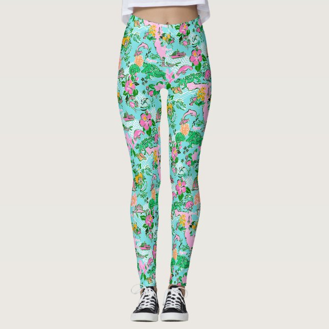 Florida Map Preppy Palm Beach Pattern Print Leggings (Vorderseite)