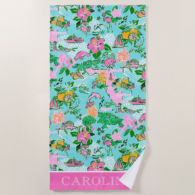 Florida Map Preppy Palm Beach Pattern Print Strandtuch (Vorderseite)