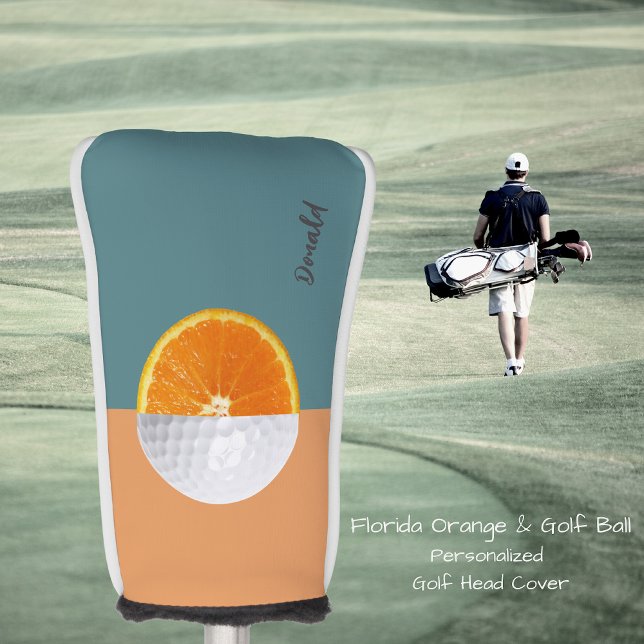 Florida Orange Golf Ball Golf Head Cover Headcover (Personalized Golf Club Head. Half golf ball & Florida orange design & contrasting colored backround!)
