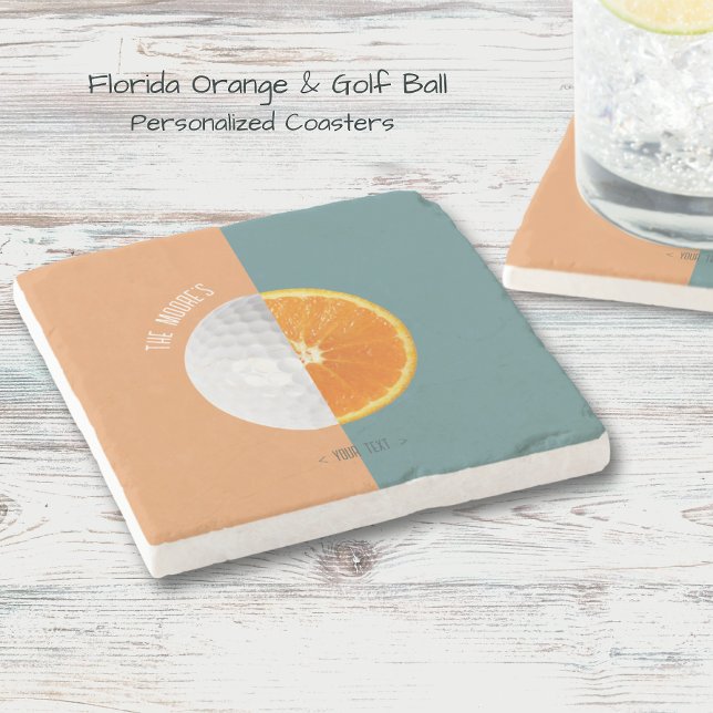 Florida Orange Golf Ball Steinuntersetzer (Personalized Coasters. Half golf ball & Florida orange design with contrasting colored backround!)