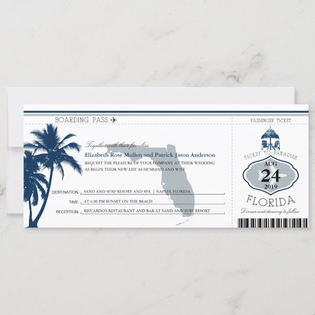 Florida Palm Tree Boarding Hochzeit Einladung (Vorderseite)
