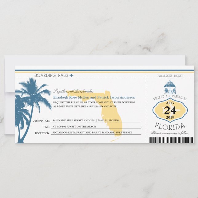 Florida Palm Tree Boarding Pass Wedding Einladung (Vorderseite)