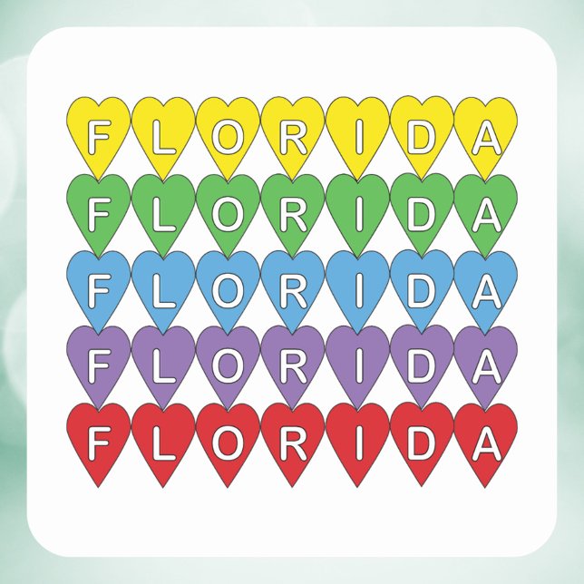 Florida Regenbogen-Herzen Quadratischer Aufkleber (A sticker that says Florida in a rainbow heart pattern.)