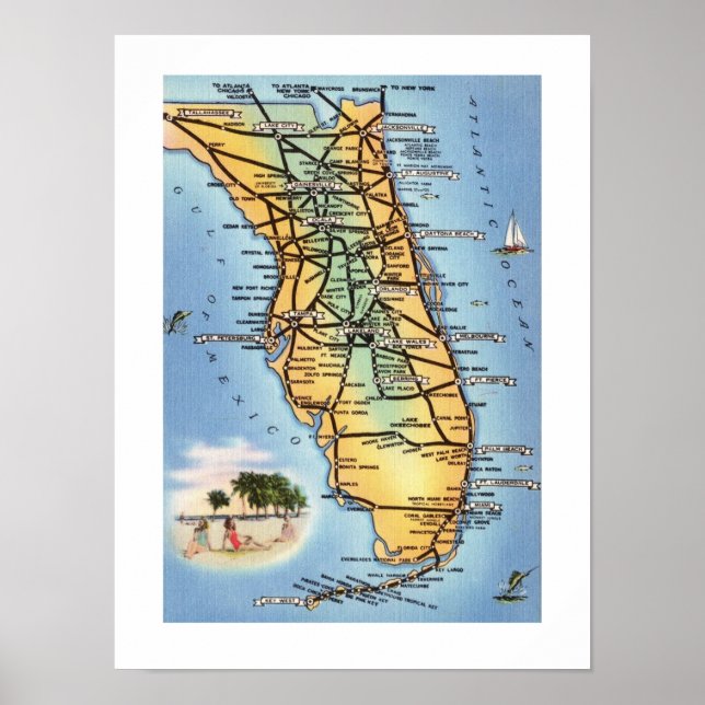 Florida Road Map 12x16 Poster Print (Vorne)