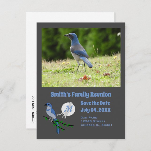Florida Scrub Jay Wiedersehen Monogram Foto Einladungspostkarte (Vorne/Hinten)