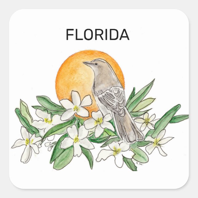 Florida Staat Bird und Blume Quadratischer Aufkleber (Vorderseite)