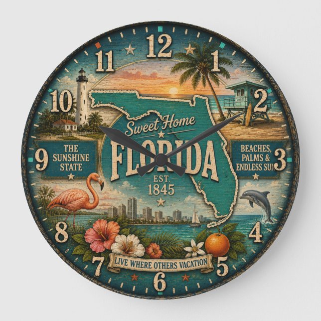 Florida State Heritage Flamingo Beaches Große Wanduhr (Vorderseite)