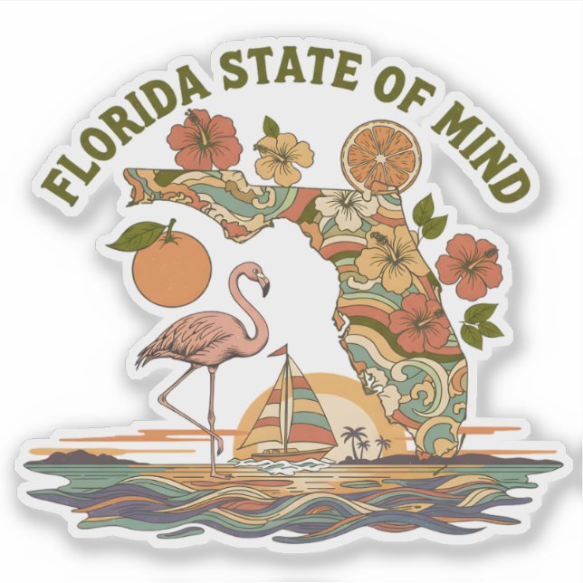 Florida State of Mind Retro Flamingo Segelboot Ges Aufkleber (Vorderseite)