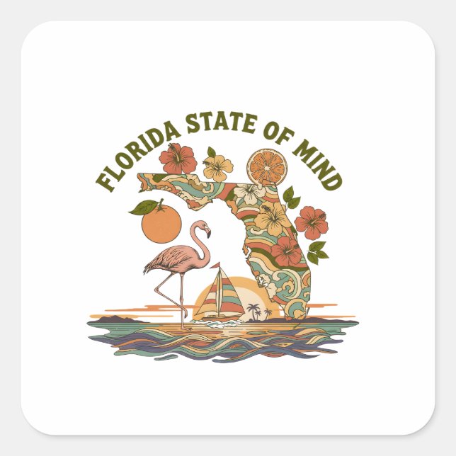 Florida State of Mind Retro Flamingo Segelboot Ges Quadratischer Aufkleber (Vorderseite)