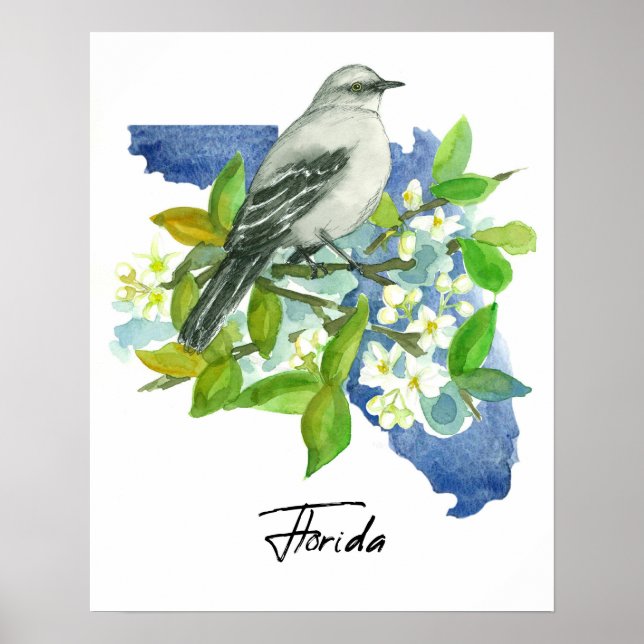 Florida State Shape Orange Blossom Mockingbird Poster (Vorne)