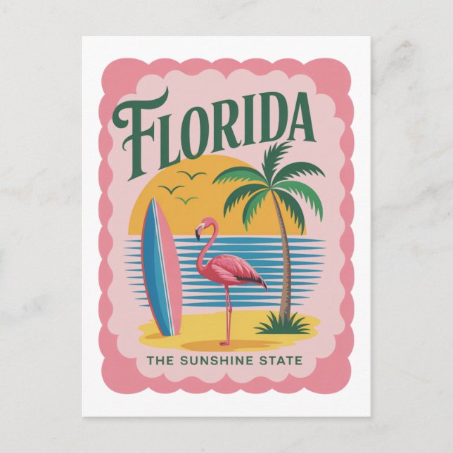 Florida The Sunshine State Retro Flamingo Beach Postkarte (Vorderseite)
