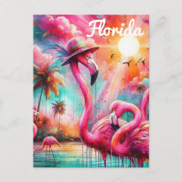 Florida Tropical Pink Flamingos Palm Trees Sun Postkarte