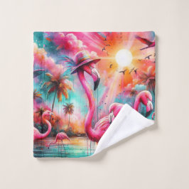 Florida Tropical Pink Flamingos Palm Trees Sun Waschlappen