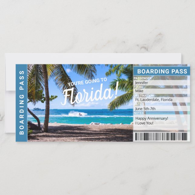 Florida Überraschungsreise Boarding Pass Geschenkg (Vorderseite)