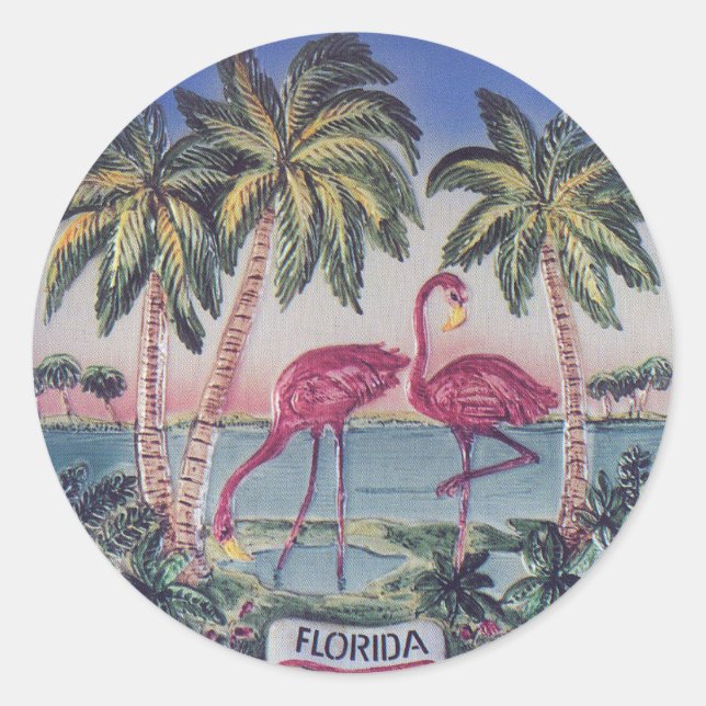 Florida Vintage Retro-Flamingos-Abbildung Runder Aufkleber (Vorderseite)