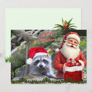 Florida-Waschbär, Alligator und Santa-Flachkarte Feiertagskarte