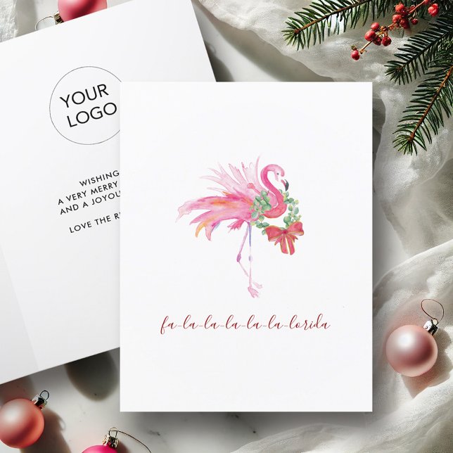 Florida Watercolor Pink Flamingo Beach Weihnachten (Business Christmas cards with logo watercolor pink flamingo art by Victoria Grigaliunas DoTellABelle)