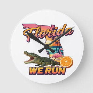 Florida We Run Sonnenuntergang Alligator Flamingo Runde Wanduhr