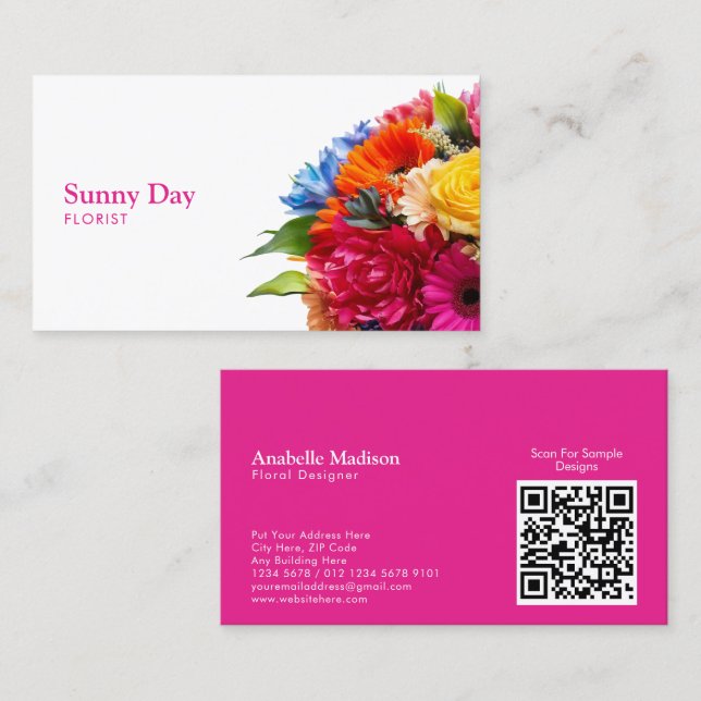Florist farbenfrohe BlumenBouquet mit QR-Code Visitenkarte (Vorne/Hinten)