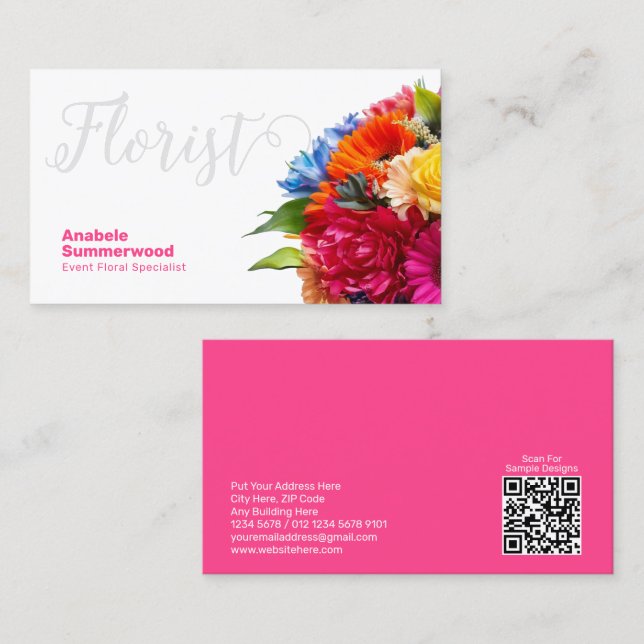 Florist farbenfrohe BlumenBouquet mit QR-Code Whit Visitenkarte (Vorne/Hinten)