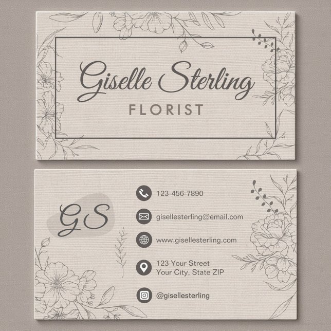 Florist Floral Beige Linen Floral Line Art Visitenkarte (Von Creator hochgeladen)