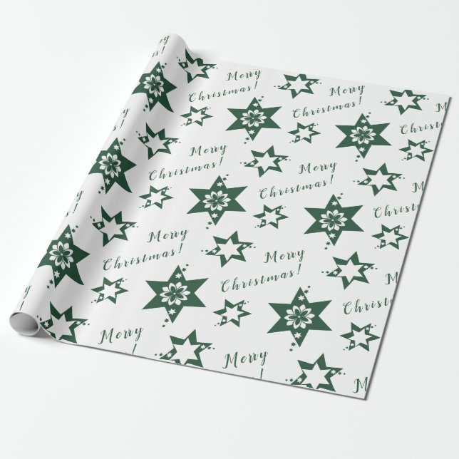 🌟 Florist Green Starry Frohe Weihnachten Weiß Geschenkpapier (Ungerollt)