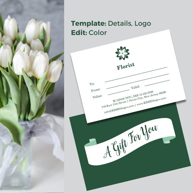 💝 Florist Green & White-Geschenkzertifikat Mitteilungskarte (💝Florist Green & White Gift Certificate Note Card, A Gift For You)