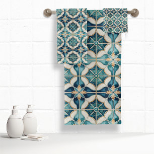 Flormarokkanisches Fliesenmuster#1 Aquamarines wei Badhandtuch Set