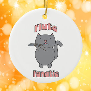 Flöten-Fanatiker-Musikalische Graue Katze Rosa Keramik Ornament