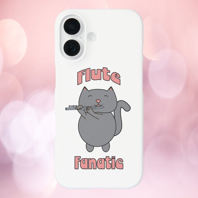 Flötenfanatiker Graue Katze Pink Case-Mate iPhone Hülle (A phone case with a cute gray cat playing the flute & the words flute fanatic in pink.)