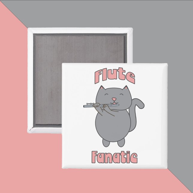 Flötenfanatiker Rosa Graue Katze Magnet (A magnet with a gray flute playing cat that says flute fanatic)