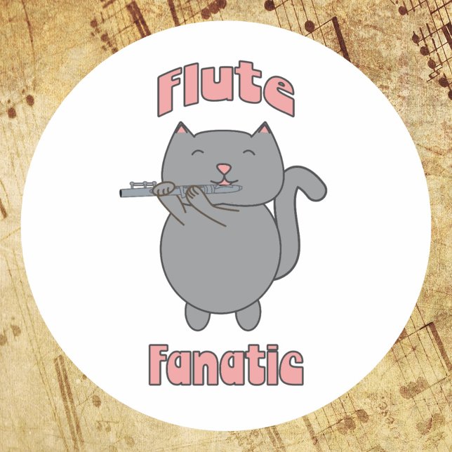 Flötenfanatikerin Rosa Graue Katze Runder Aufkleber (A sticker featuring a gray cat playing the flute & the words flute fanatic in pink.)