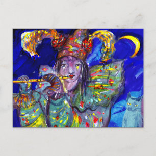 FLÖTIST IN BLAU Karneval-Masquerade Einladungspostkarte