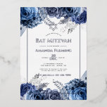 Flotte und Silberflorale Bat Mitzvah Folieneinladung<br><div class="desc">Coole Aquarellblume Bat Mitzvah Einladung in Akzenten von marineblau und silber angepasst an Ihre Eventspezifikationen.</div>