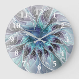 Flourish Abstract Modern Fractal Flower With Blue Große Wanduhr